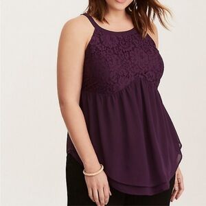 Torrid Eggplant Purple High Neck Babydoll Sleeveless Top Lace Bust Size 3